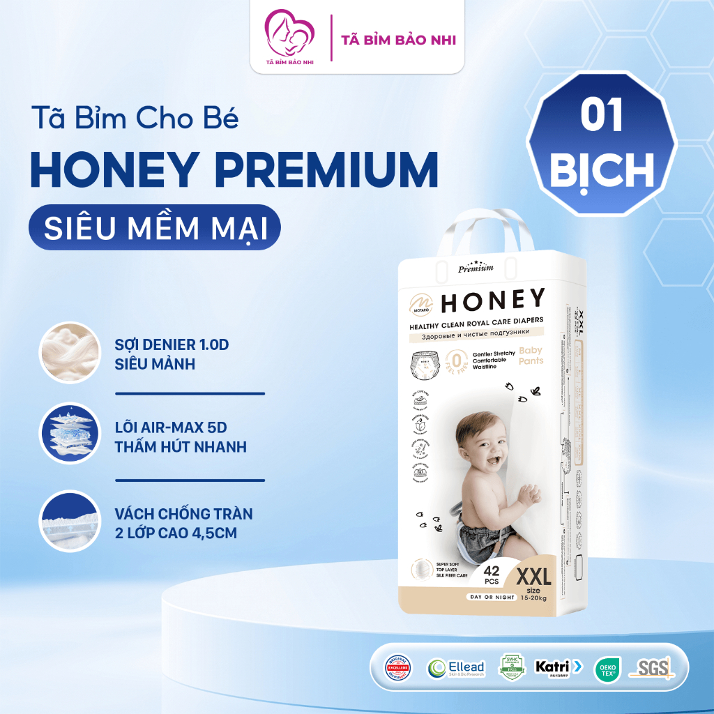 Tã bỉm Honey Premium chính hãng mềm mại, thấm hút vượt trội cho bé đủ size dán quần NB - 4XL