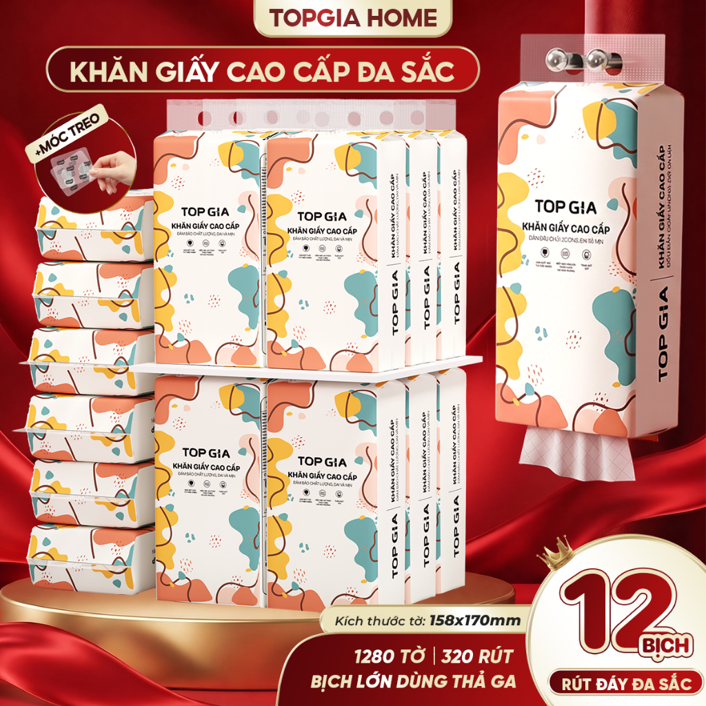 [SIÊU TIẾT KIỆM] Combo 12 Bịch - Khăn Giấy Top Gia Treo Tường Đa Sắc 1280 Tờ 4 Lớp Tiện Lợi Cao Cấp