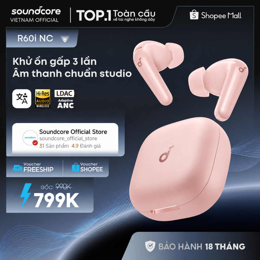 Tai nghe bluetooth ANC Soundcore R60i NC / R50i NC | Hires Audio | Chống ồn đến 52dB | Pin 50h | Phiên dịch | BigBuy360 - bigbuy360.vn