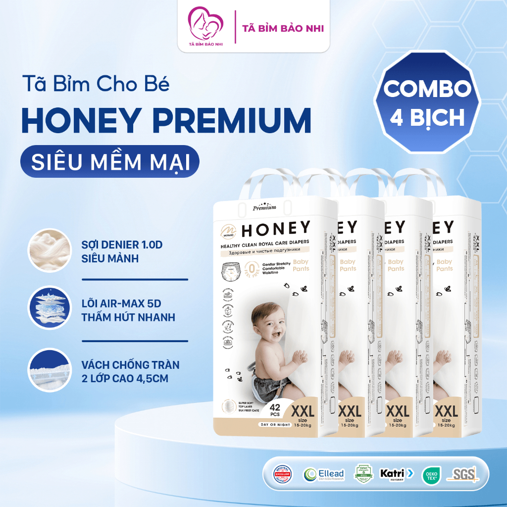 Combo 4 bịch tã/bỉm Honey Premium chính hãng, thấm hút tốt tã dán NB/S/M, bỉm quấn M/L/2XL/3XL/4XL