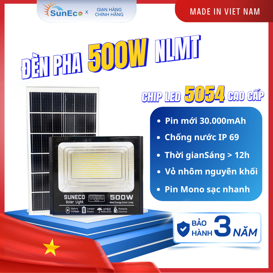 Đèn Pha Năng Lượng Mặt Trời 500W Mới SUNECO LED Cao Cấp 5054 - Chống nước IP69, BH Chính Hãng 3 NĂM