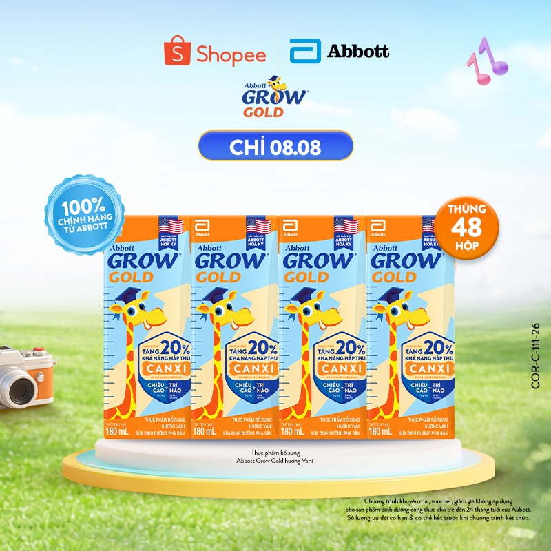 Thùng 48 hộp Sữa nước Abbott Grow Gold hương Vani 180ml (Bao bì thay đổi tùy vào đợt nhập hàng)