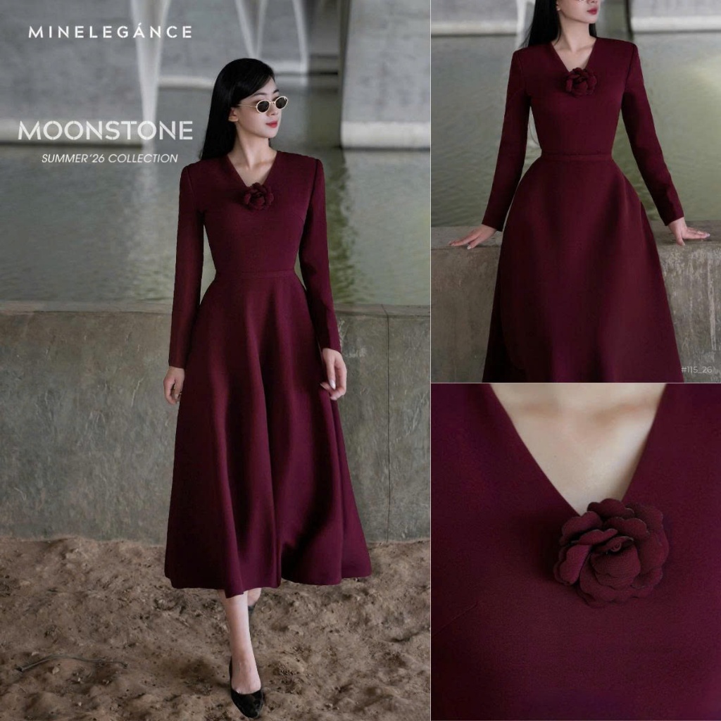MINELEGÁNCE | VÁY XÒE CỔ V DÁNG DÀI THANH LỊCH, CÔNG SỞ - MIN115