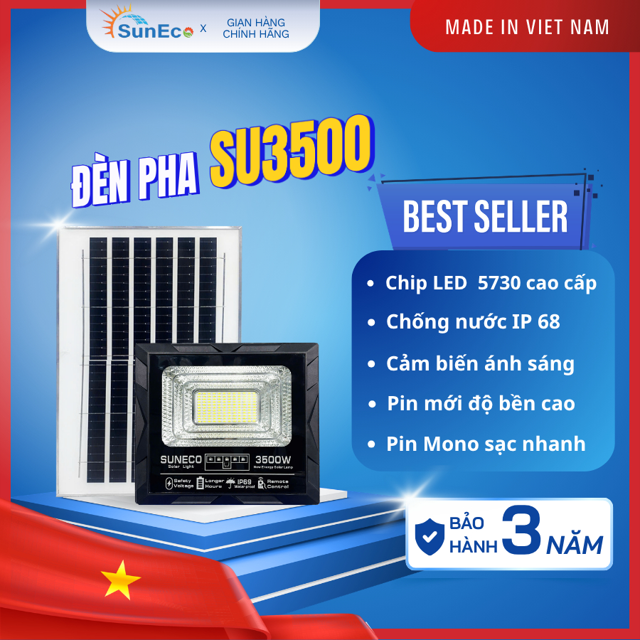 Đèn pha năng lượng mặt trời SUNECO SU3500 Nâng cấp chip led 5730 Pin mono sạc nhanh siêu sáng chống nước IP69