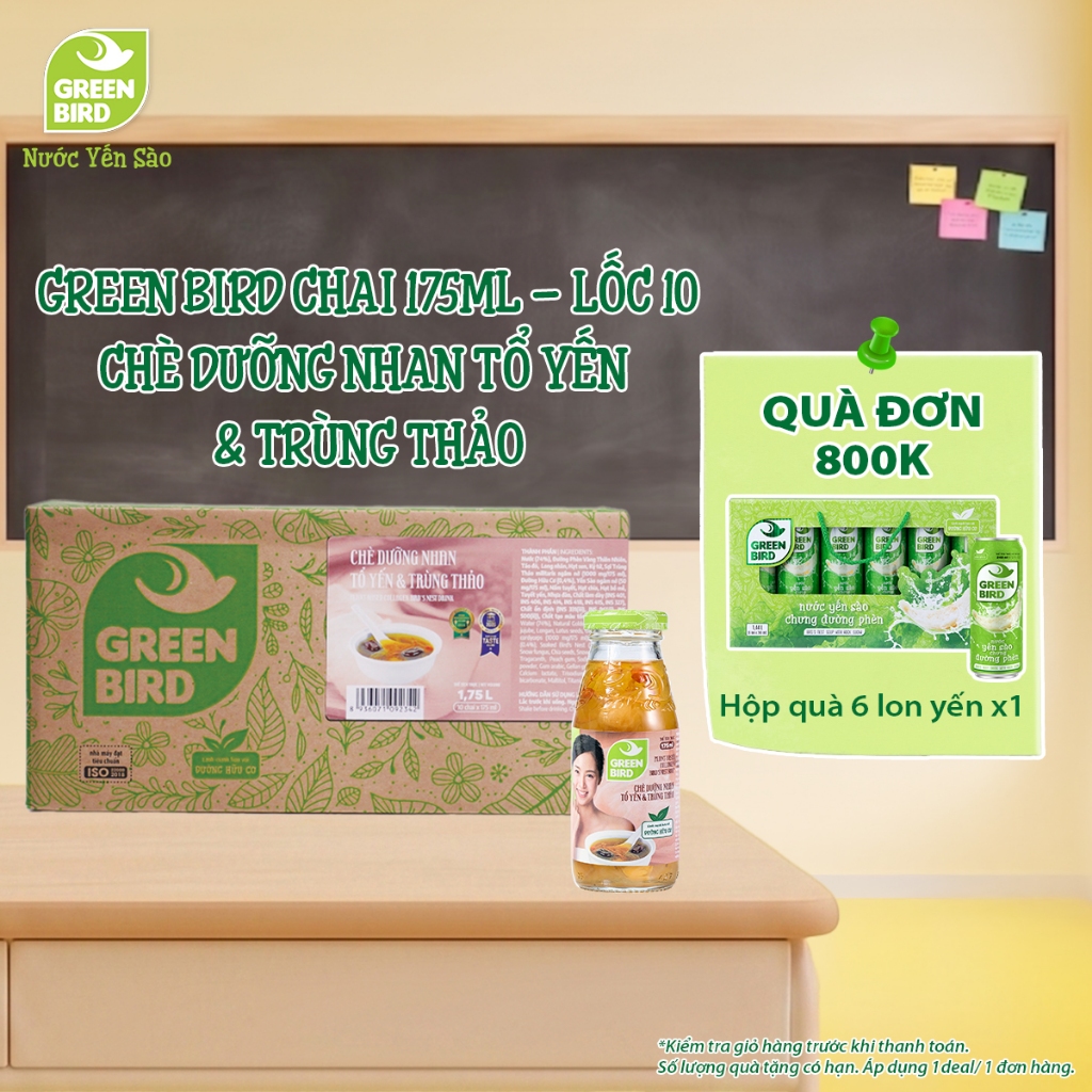 Lốc 10 Chai Chè Dưỡng Nhan Tổ Yến Và Trùng Thảo Nước Yến Green Bird Giải Khát Thanh Nhẹ – Chai 175ml