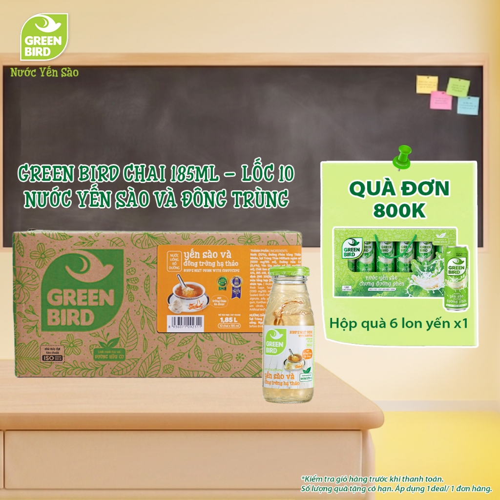Lốc 10 Chai Nước Yến Sào Và Đông Trùng Hạ Thảo Green Bird Tăng Cường Sức Khỏe – Chai 185ml