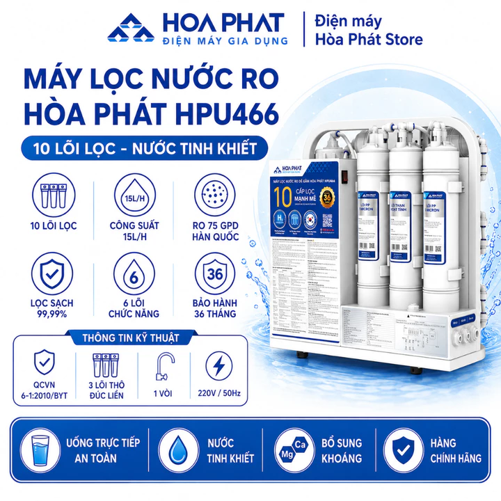 Máy lọc nước RO để gầm Hòa Phát HPU466 - Hàng chính hãng bảo hành 3 năm