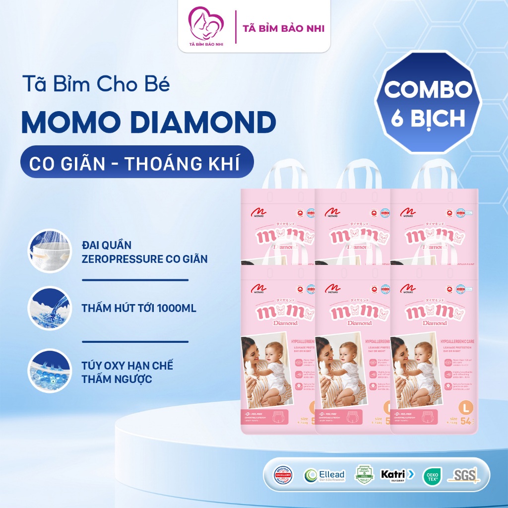 [1 KIỆN 6 BỊCH] Tã dán bỉm quần Momo Diamond chính hãng, mềm mỏng, ngăn ngừa hăm bí cho bé full size