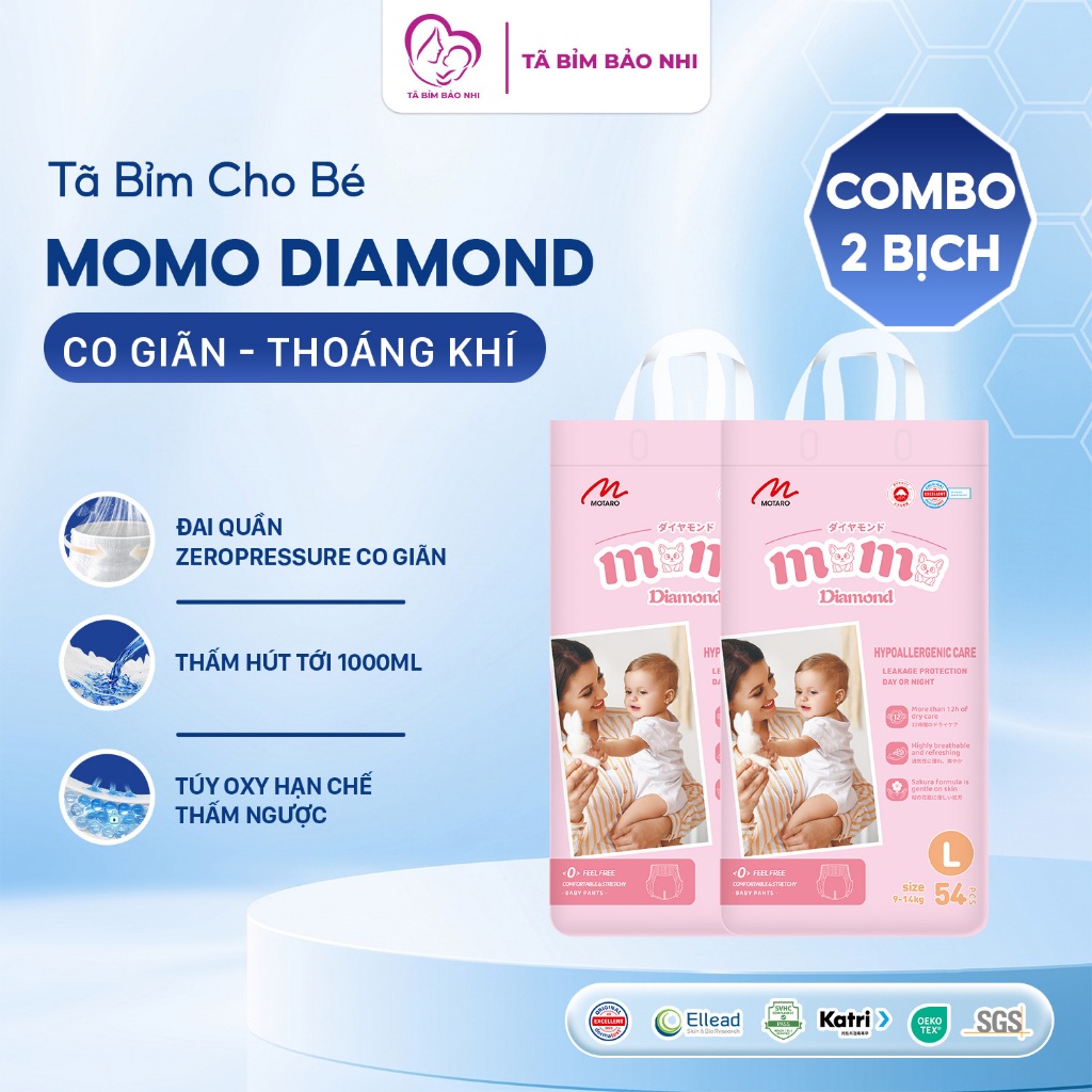 Combo 2 bịch bỉm tã Momo Diamond chính hãng, size dán quần mềm mỏng, thoáng khí, ngừa hăm bí cho bé