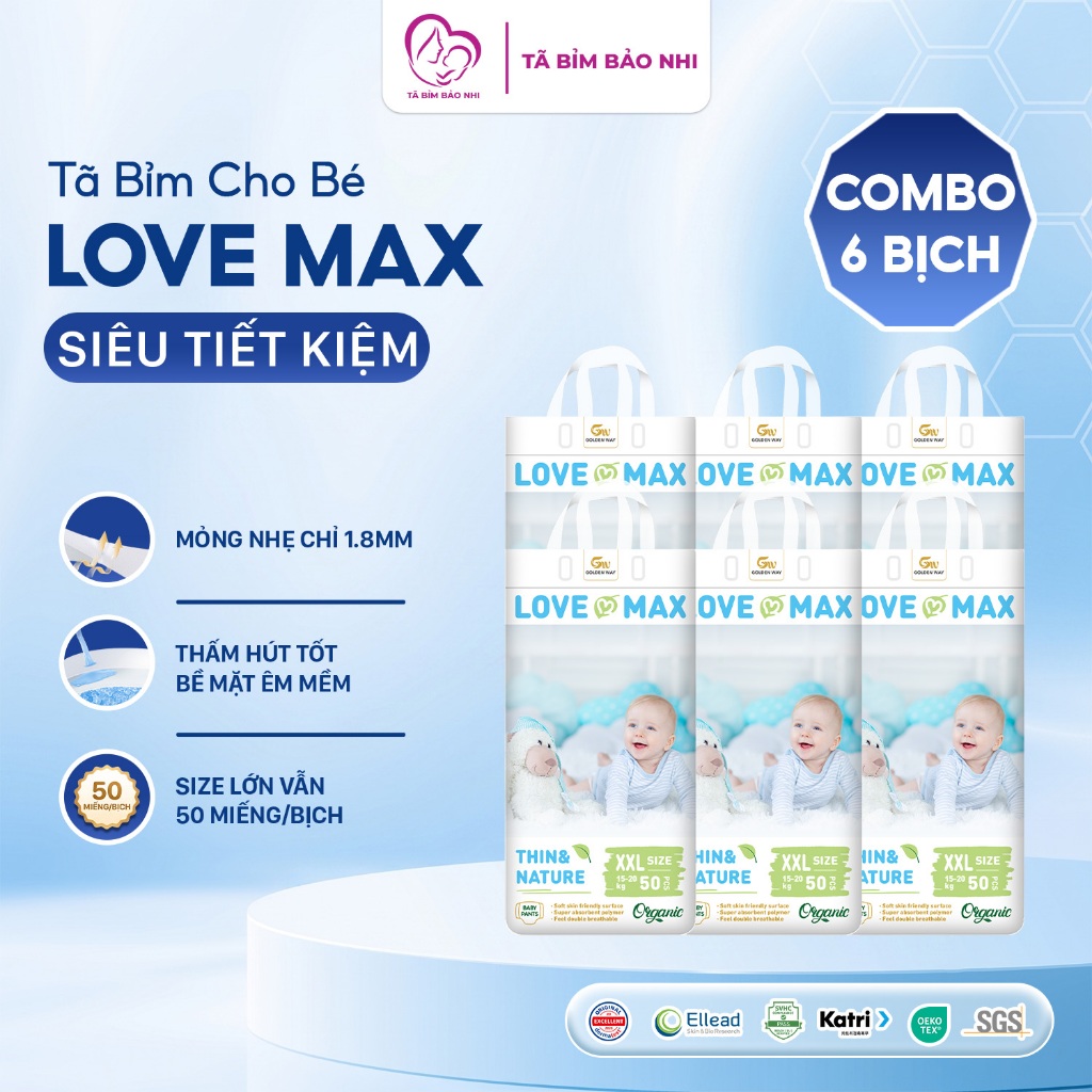 [1 KIỆN 6 BỊCH] Bỉm Love Max organic an toàn lành tính, combo tã lovemax tiết kiệm
