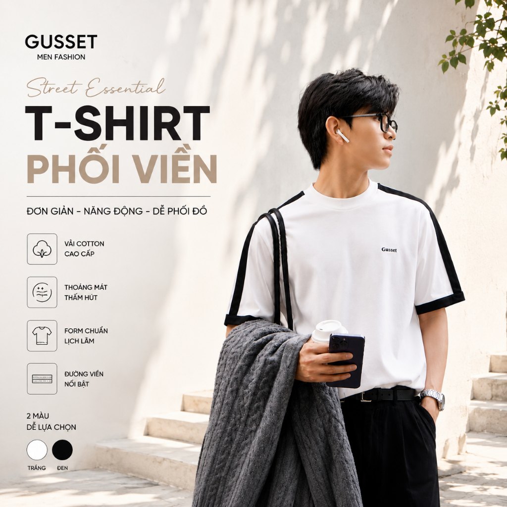 Áo phông phối tay nam cổ tròn form rộng AP07 Gusset Menswear