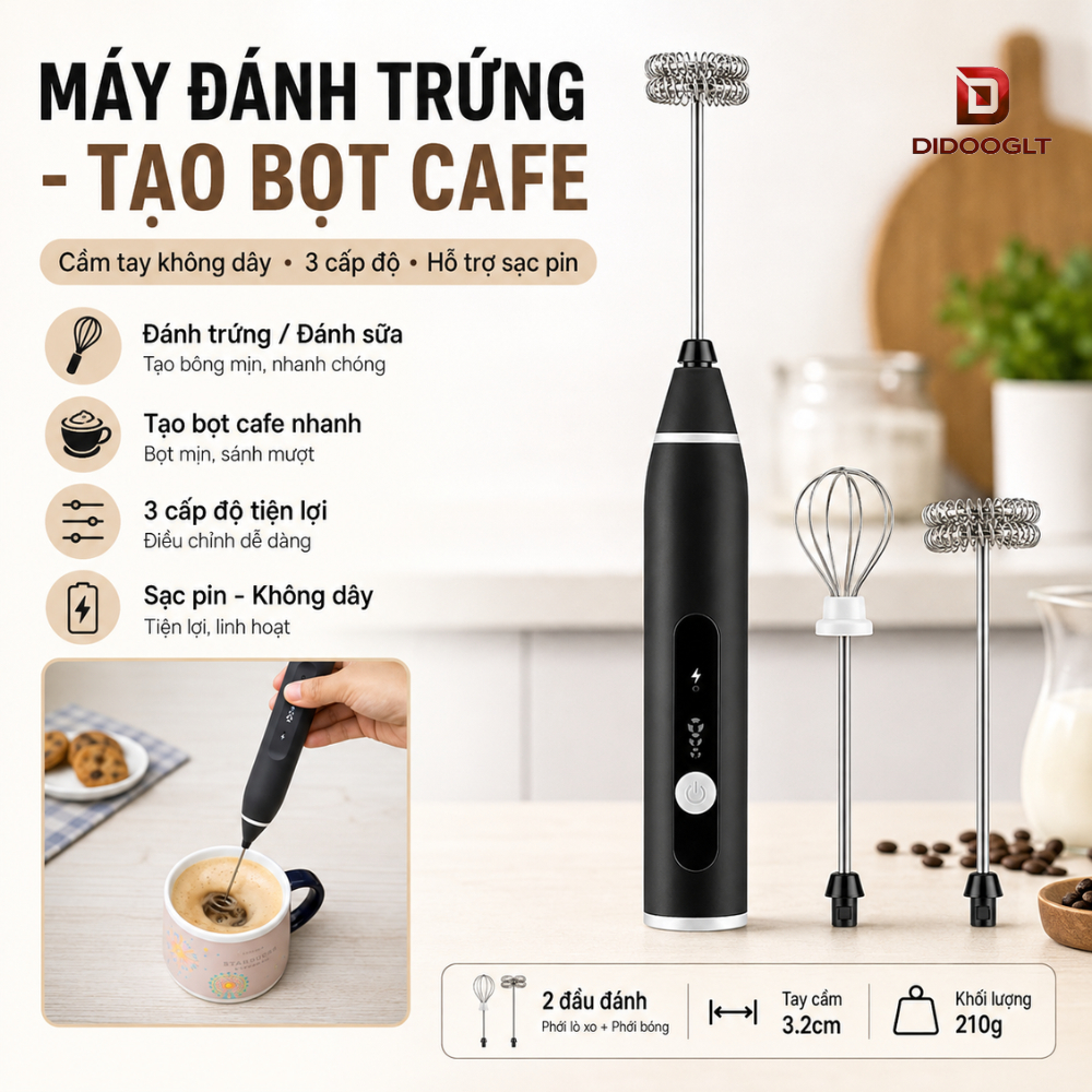Máy Tạo Bọt Cafe Cầm Tay Không Dây Chính Hãng 3 Cấp Độ Đánh Trứng Sữa Hỗ Trợ Sạc Pin Didooglt