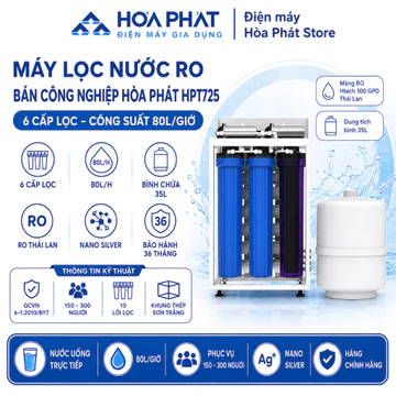 Máy lọc nước RO bán công nghiệp Hòa Phát HPT725 - Công suất 80L/h, nước uống trực tiếp tại vòi - Hàng chính hãng