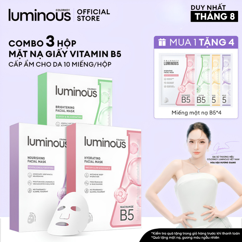 3 Hộp 3 Màu Mặt Nạ Giấy COLORKEY LUMINOUS Vitamin B5 Giúp Cấp Ẩm, Hỗ Trợ Làm Sáng Da 10 miếng