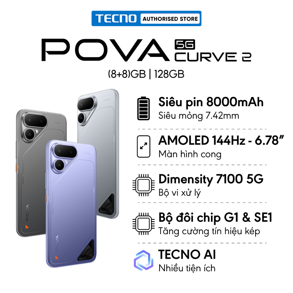 [DEAL SỐC] Điện thoại TECNO POVA Curve 2 5G (8+8)GB/128GB - Siêu Pin 8000mAh | Siêu Mỏng | Màn cong AMOLED 144Hz | BigBuy360 - bigbuy360.vn