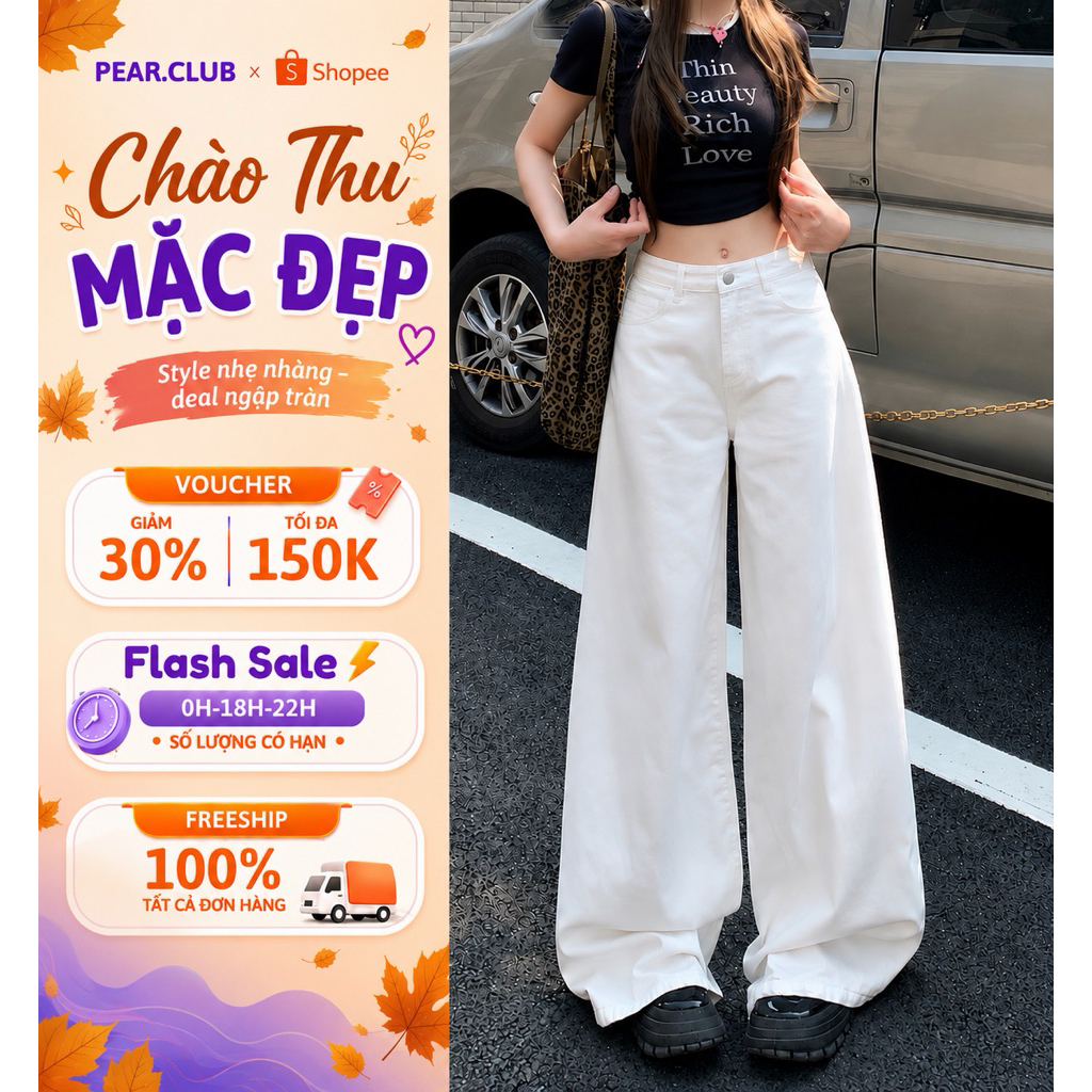 Quần ống rộng nữ cạp cao PEARCLUB, quần bò ống rộng chất Kaki Jeans BIGSIZE hottrend mặc đi học, đi biển hè Q20