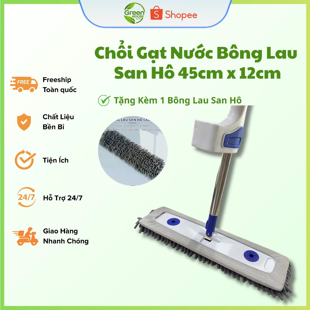 Cây Lau Nhà tự vắt 45cm x 12cm - Cây lau sàn tiện lợi bông lau san hô sợi microfiber siêu thấm hút