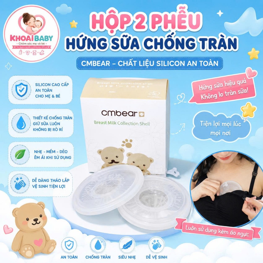 Phễu Hứng Sữa Silicone CMBEAR Có Nút Đậy Chống Tràn, An Toàn Và Tiện Lợi Hộp 2 Cái-Khoaibaby