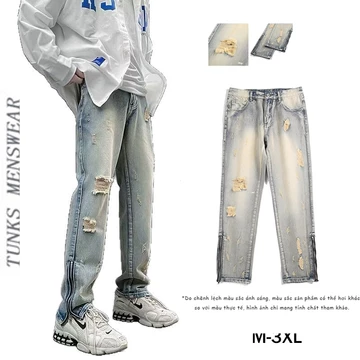 Quần Jean Nam Baggy rách gối ống suông, Quần jean nam ống đứng,Quần jean nam màu Xanh vàng wash,Quần jean boy phố