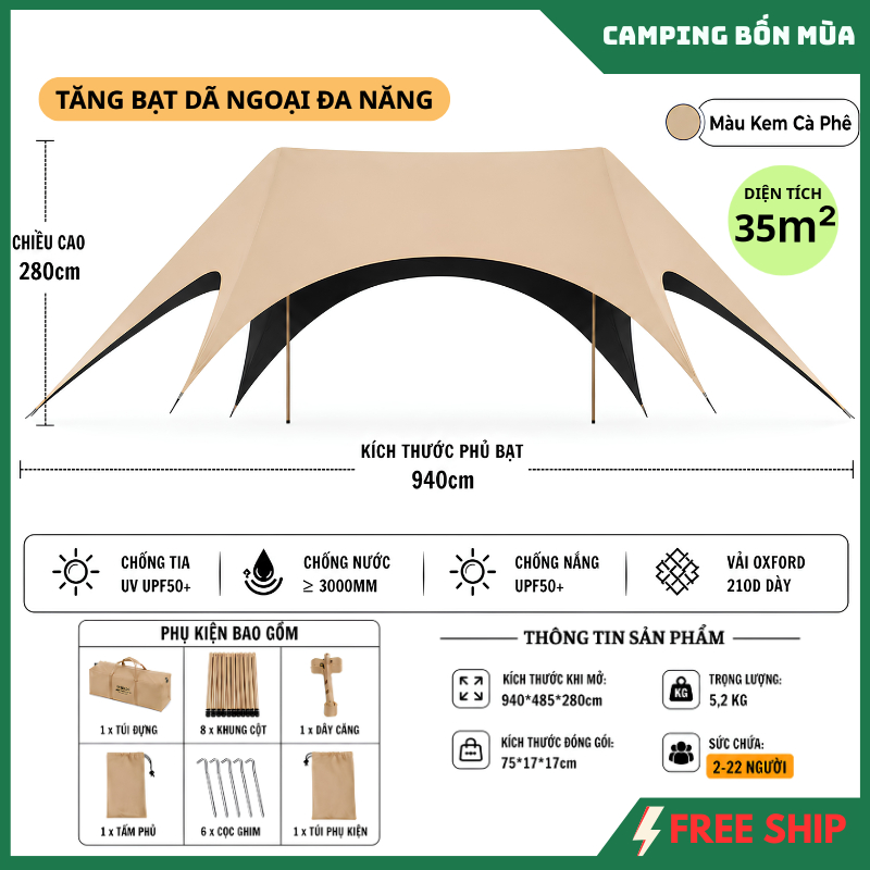 Tấm tăng lều tank bạt che nắng chống mưa, bạt lót cắm trại du lịch dã ngoại dày rộng, hiện đại