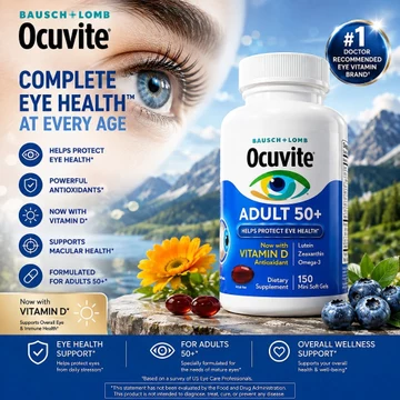 Viên Uống Bổ Mắt Ocuvite Adult 50 + Bausch & Lomb 150 Viên Mỹ — Bổ sung Vitamin và khoáng chất thiết yếu cho mắt