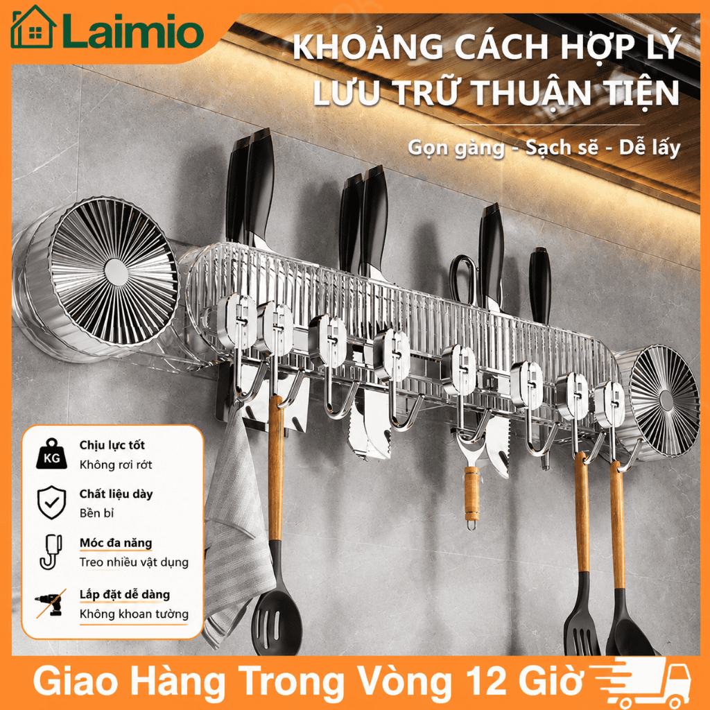 Kệ Để Dao Hút Chân Không Dán Tường, Giá Treo Dao Kéo Nhà Bếp Đa Năng Kèm 8 Móc Tiện Lợi