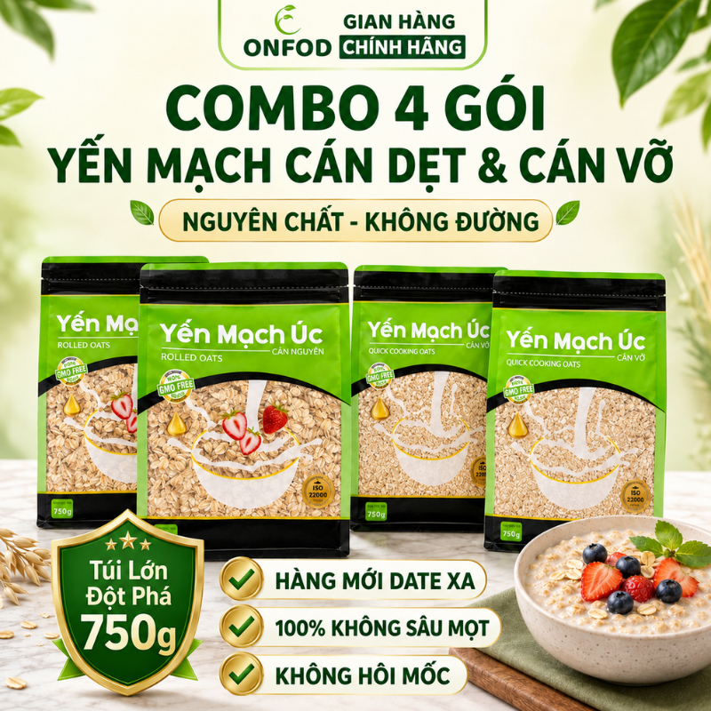 Combo 4 gói yến mạch cán dẹt cán vỡ ăn liền ONFOD ăn kiêng eat clean healthy cho bé ăn dặm