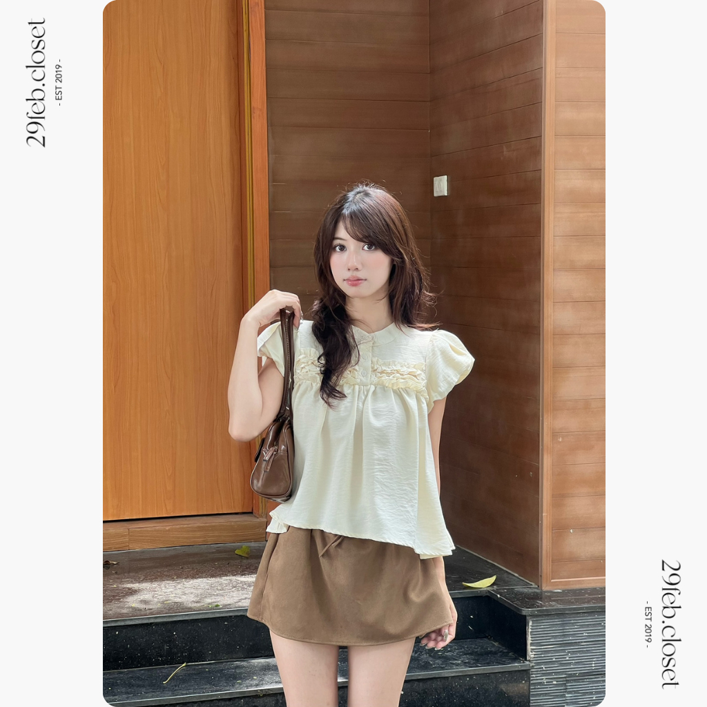 Áo babydoll đũi vân mây cổ trụ, Áo kiểu nhún bèo cổ trụ dễ thương - 29feb.closet - A610 | BigBuy360 - bigbuy360.vn