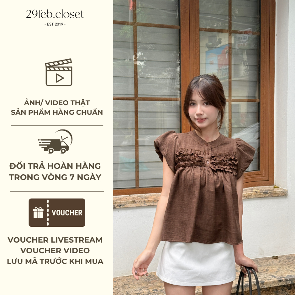 Áo babydoll đũi vân mây cổ trụ, Áo kiểu nhún bèo cổ trụ dễ thương - 29feb.closet - A610 | BigBuy360 - bigbuy360.vn