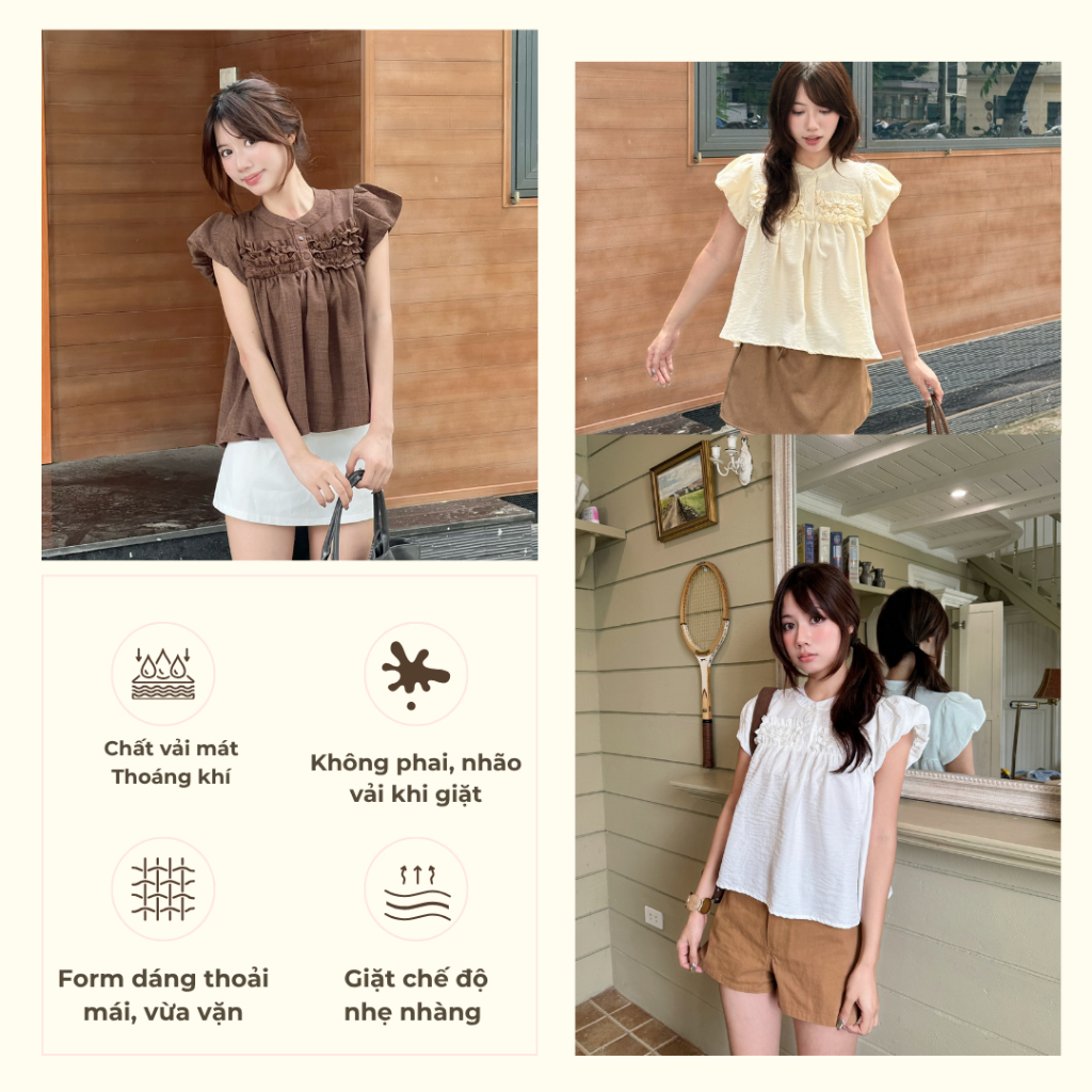 Áo babydoll đũi vân mây cổ trụ, Áo kiểu nhún bèo cổ trụ dễ thương - 29feb.closet - A610 | BigBuy360 - bigbuy360.vn