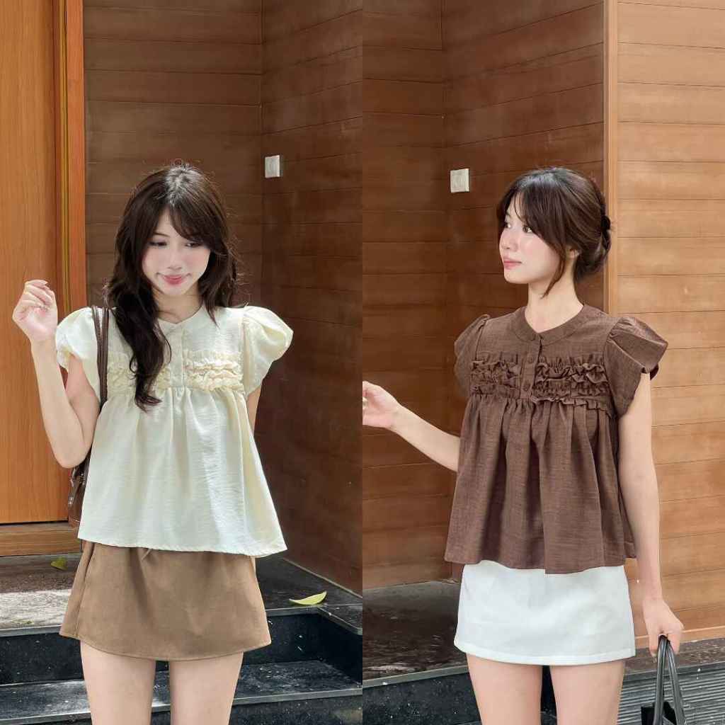 Áo babydoll đũi vân mây cổ trụ, Áo kiểu nhún bèo cổ trụ dễ thương - 29feb.closet - A610 | BigBuy360 - bigbuy360.vn