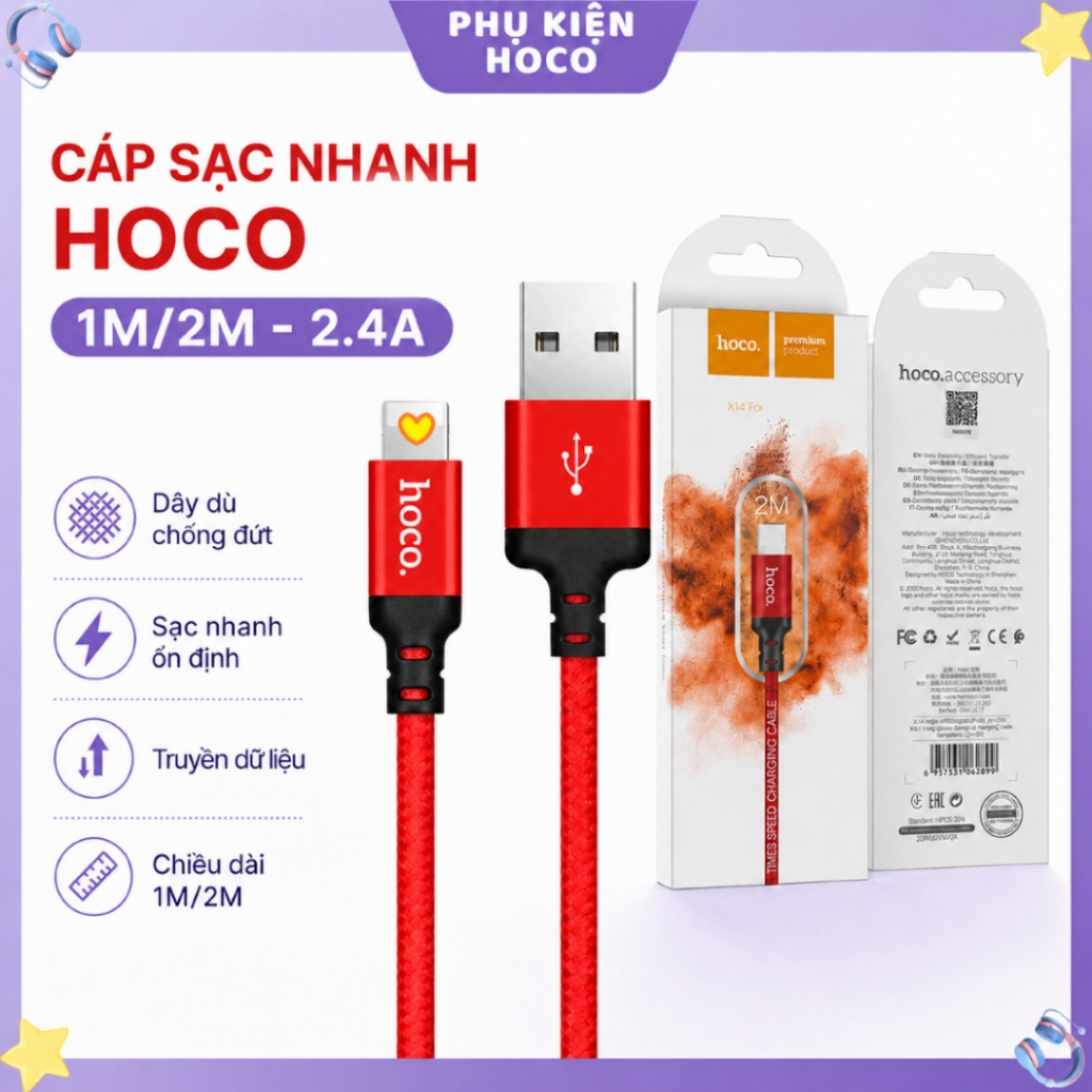 Cáp Sạc Nhanh Hoco 1M/2M 2.4A, Dây Dù Chống Đứt, Truyền Dữ Liệu Cho I.P – HOCO Phụ Kiện
