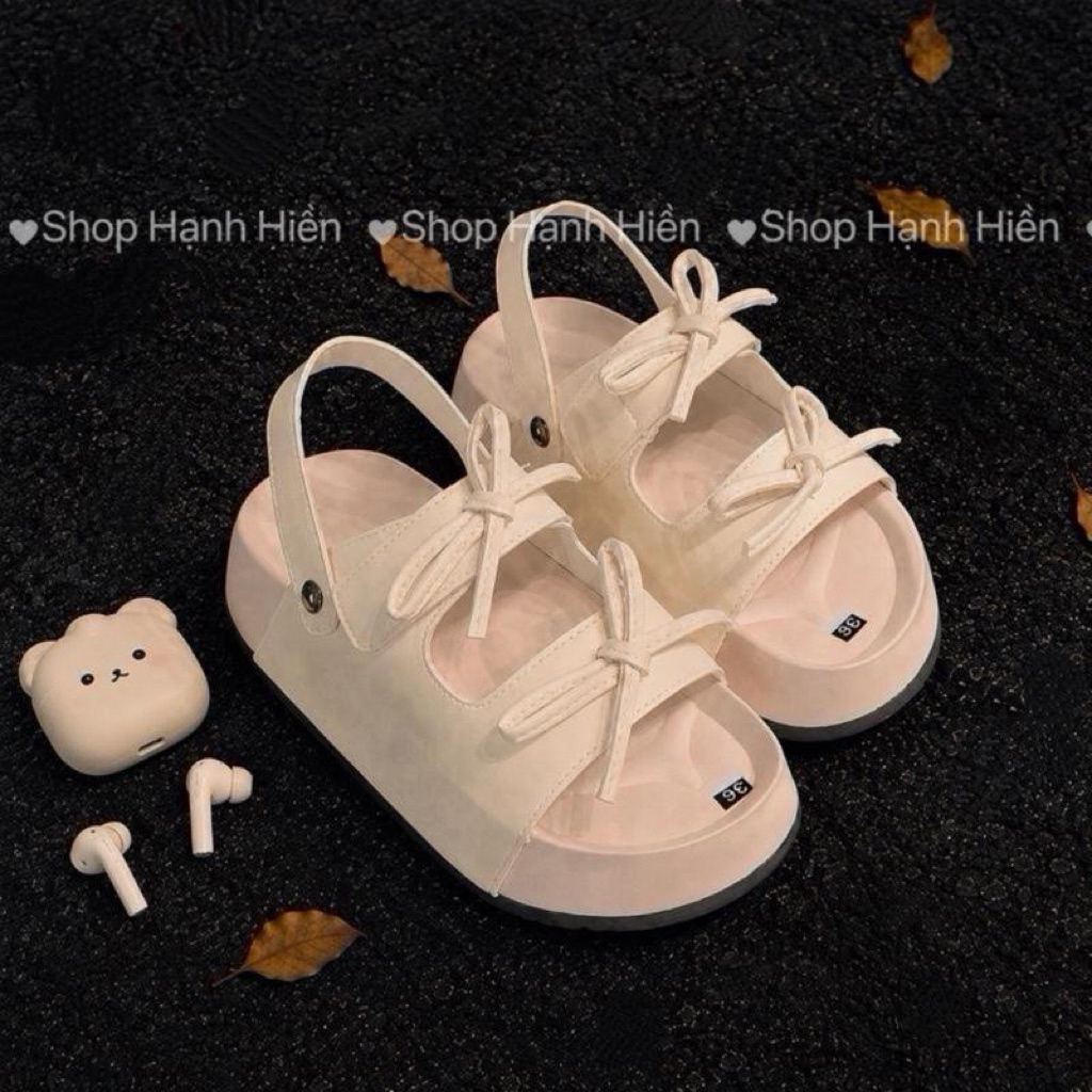 Sandal Nữ A30 2 quai nơ nhí (fom to lùi 1 size )đi được 2 kiểu xé dán tiện lợi cao 3cm da lộn mềm êm mũi tròn