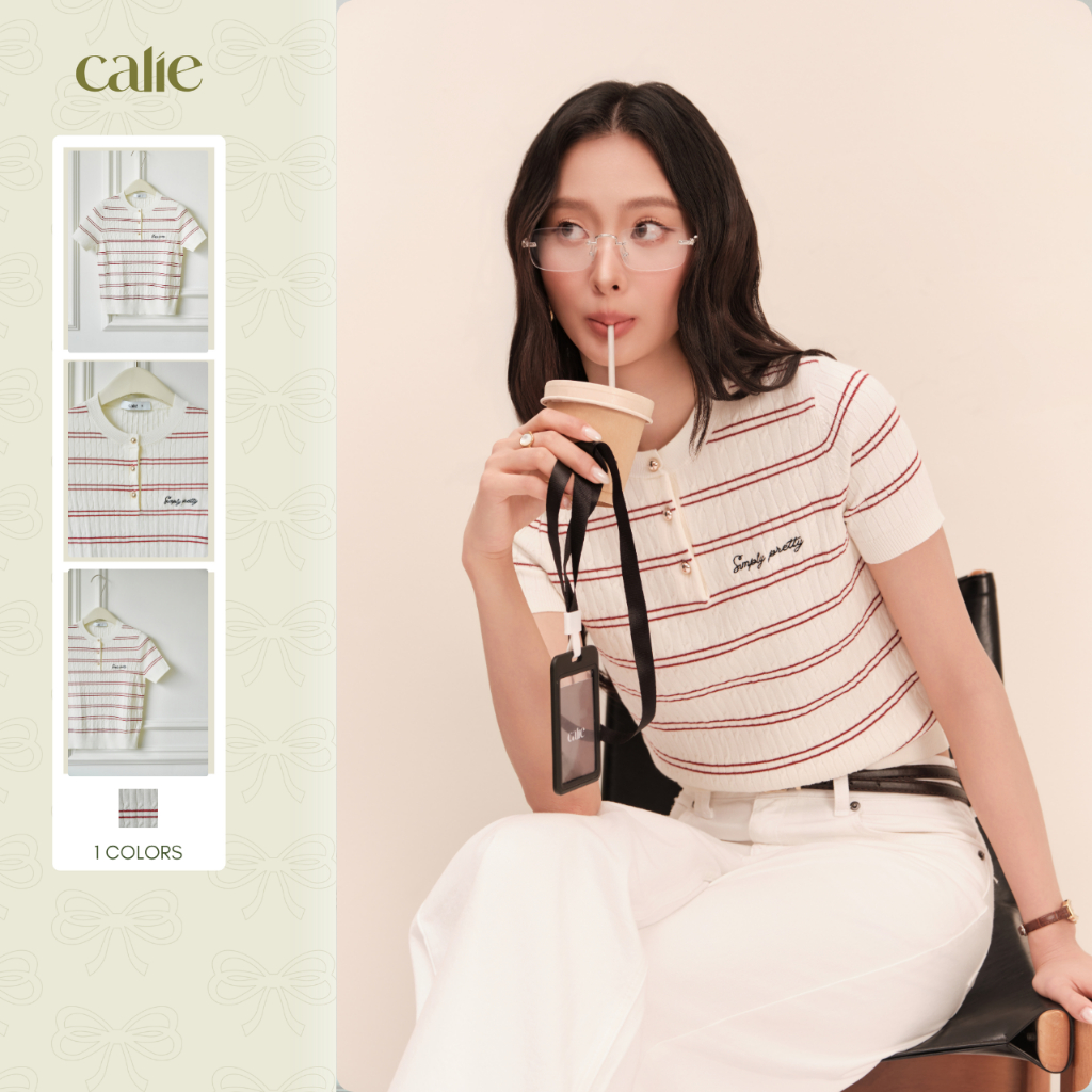 [Late Bloom] Áo Kiểu Dệt Kim Bổ Trụ Cổ Tròn Kẻ Sọc Tay Ngắn Co Giãn Mềm Mại Thời Trang Nữ CALIE [AKDK267 - QJ074]