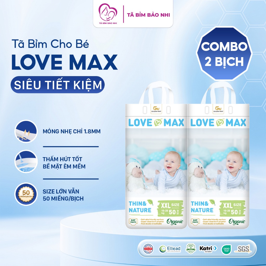 Combo 2 bịch bỉm tã dán/quần Love Max chính hãng, bỉm organic siêu tiết kiệm, an toàn cho bé