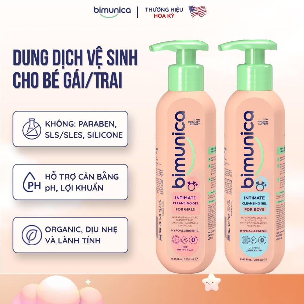 Dung Dịch Vệ Sinh Vùng Kín Và Mông Bé Bimunica - Cho Bé Gái/Trai Từ 0 Tháng Tuổi, Dịu Nhẹ