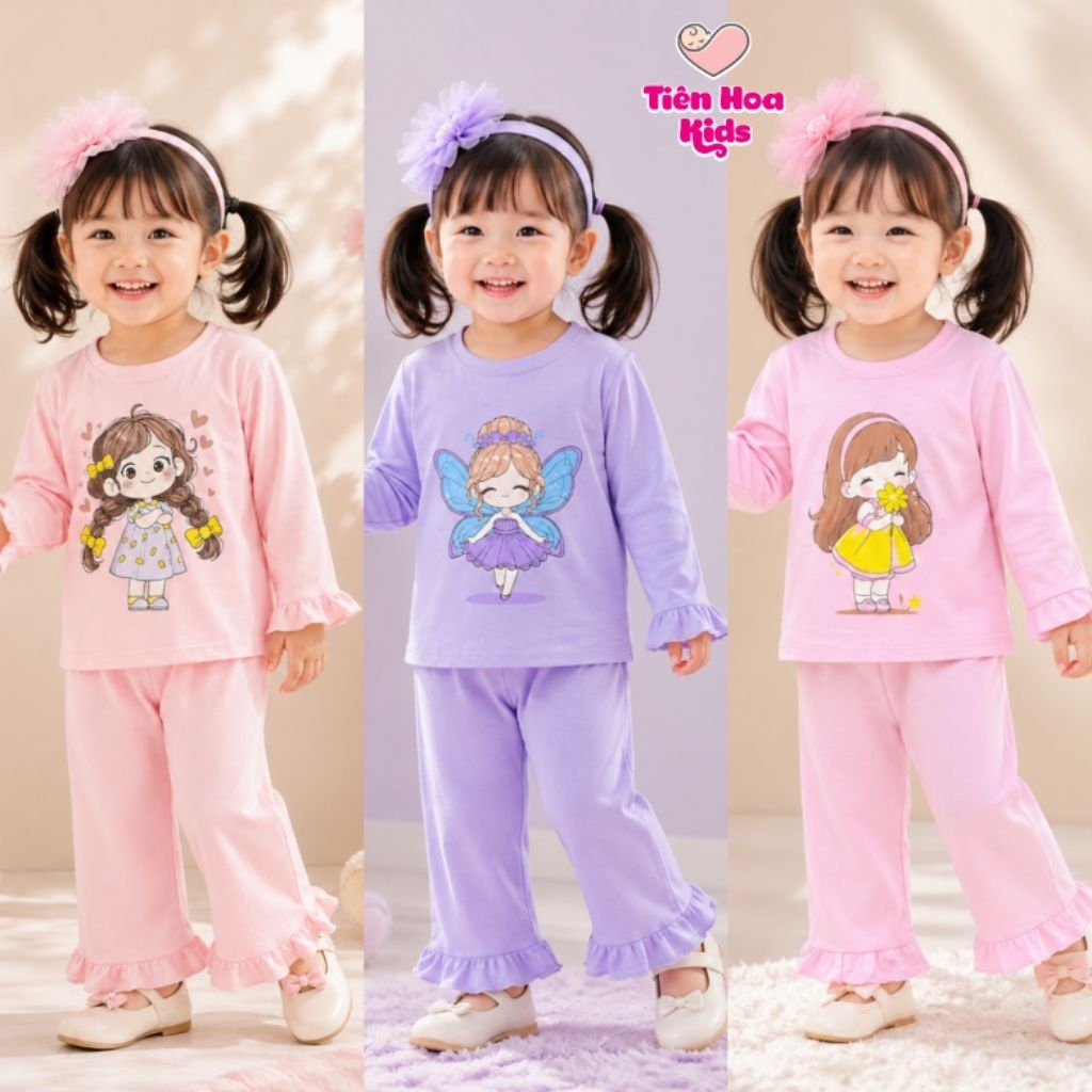[Bé 9-41kg] Bộ Dài Tay Lai Bèo Thun Lạnh In Hình Bé Gái TIÊN HOA KIDS Mềm Mịn Mát Cho Bé Gái Mặc Ngủ Đi Học