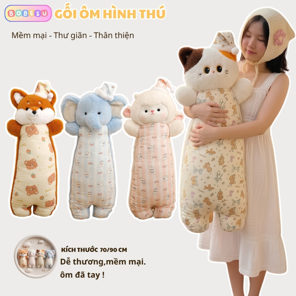 Gối Ôm Hình Thú Có Mũ Ngủ Dễ Thương, Gấu Bông Dài Mèo/Cáo/Cừu/Voi Vải Thoáng Khí Mềm Mại Ôm Ngủ Thoải Mái