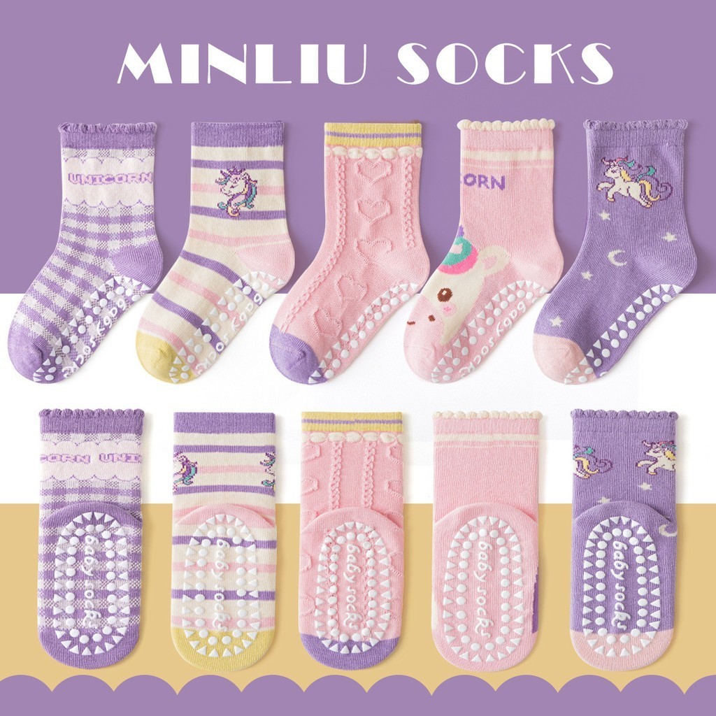 Bộ 5 Đôi Tất Chống Trượt Cho Bé Trai Bé Gái Cotton Mềm Mại, Tất Trẻ Em Dễ Thương Thoáng Khí