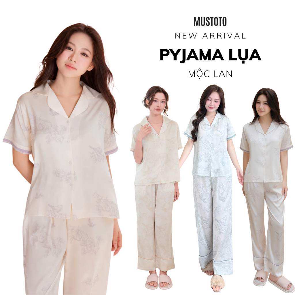 MUSTOTO Bộ Mặc Nhà Pijama Lụa Họa Tiết Hoa Mộc Lan Mềm Mịn Mát Thoải Mái (MB34)
