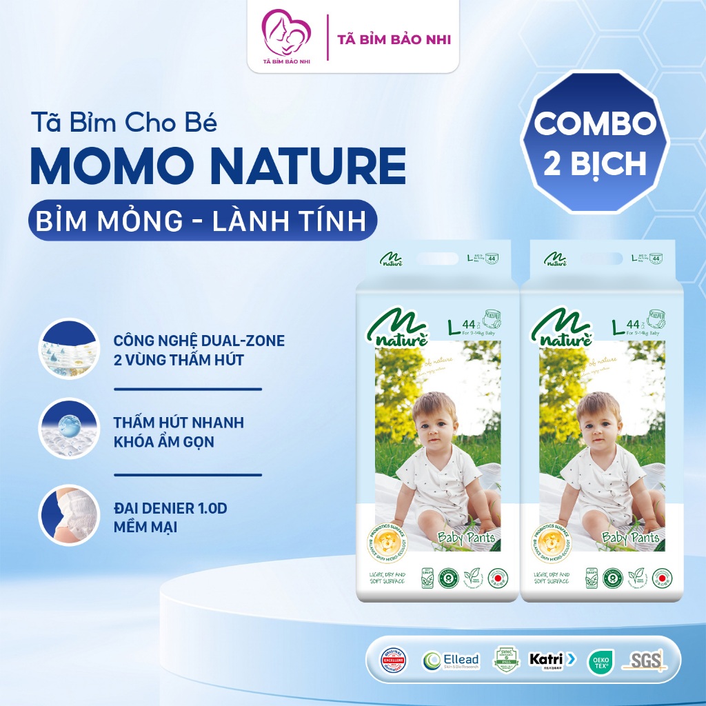 Combo 2 bịch tã bỉm Momo Nature chính hãng, 2 vùng thấm hút an toàn cho da bé, đủ size dán quần