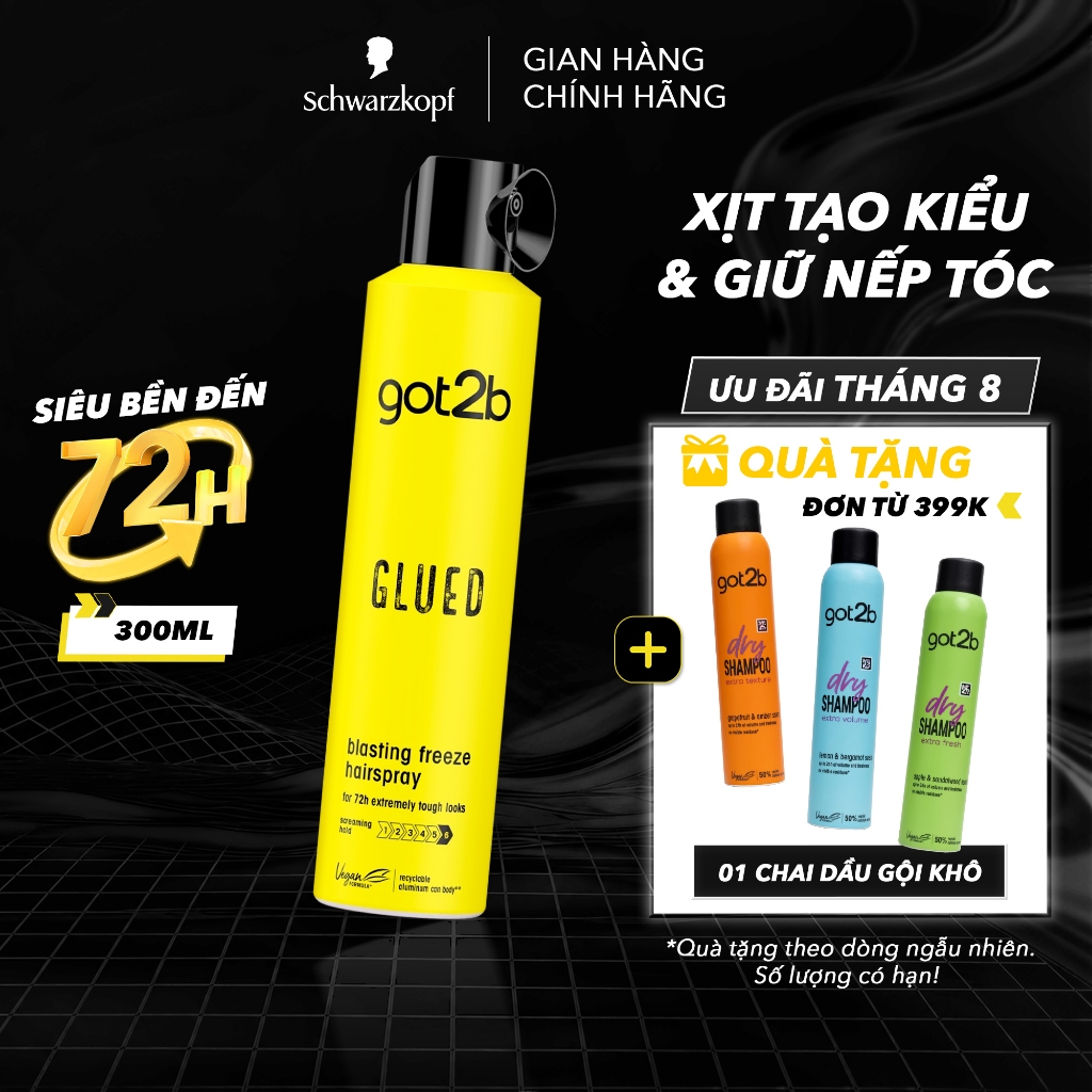Xịt giữ nếp tóc Got2b Glued Blasting Freeze Hairspray 300ml - Tạo kiểu, Giữ nếp đến 72h