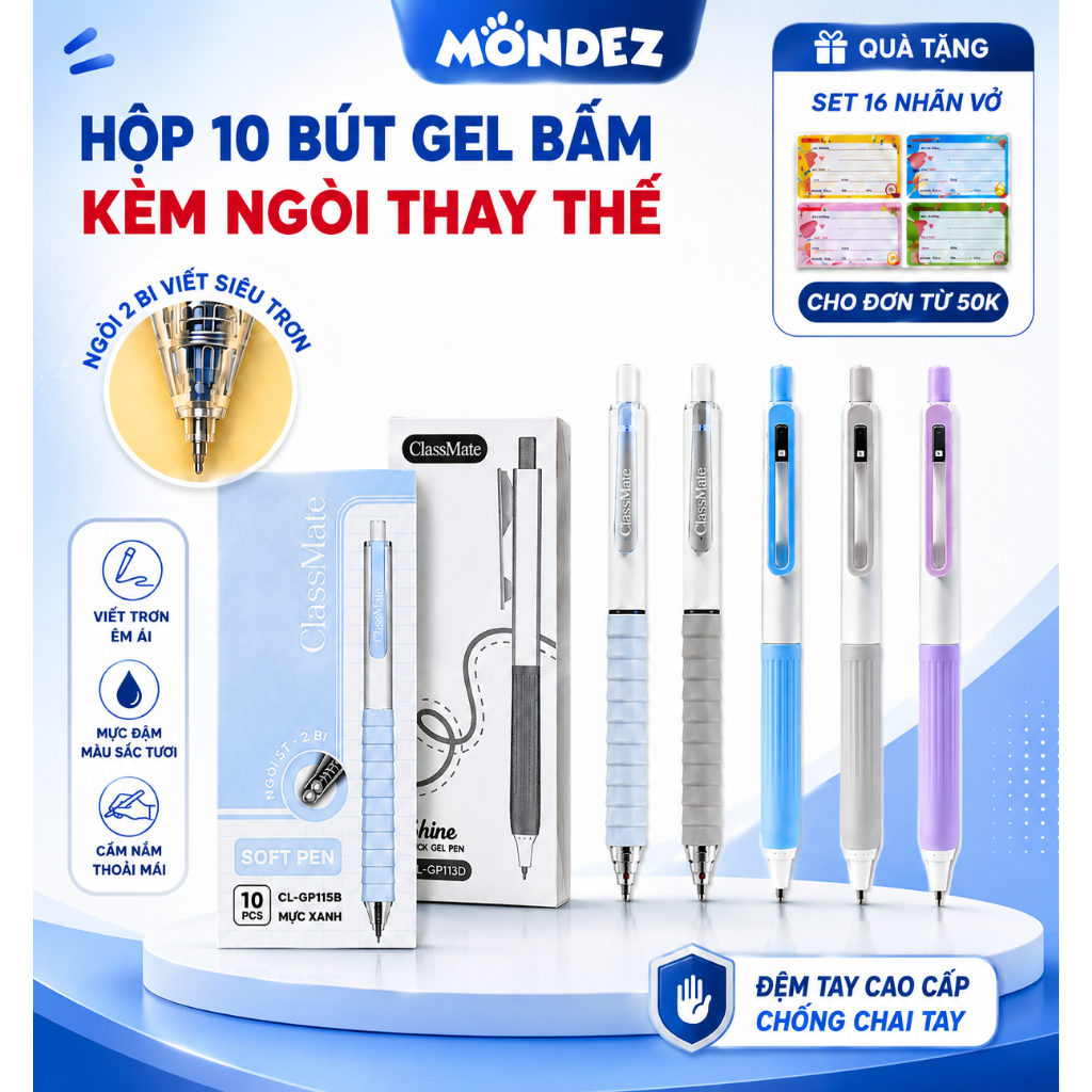 Hộp 10 Bút Gel Bấm CLASSMATE Đệm Tay Cao Cấp Chống Chai Tay, Có Ngòi Thay Thế, Ngòi 2 Bi 0.5mm Viết Siêu Trơn
