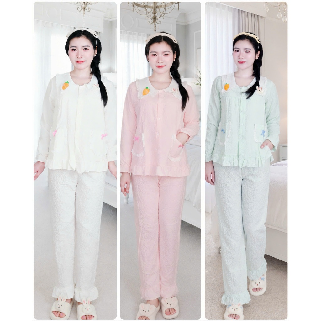 Set Đồ Pijama Dài Tay Cổ Bèo Viền Ren Hoạ Tiết Hoa Nhí Chất Liệu Đũi Vân Mây Mềm Mịn