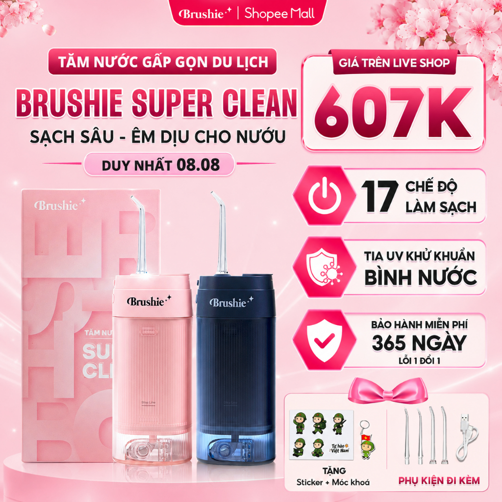 Tăm Nước BRUSHIE Super Clean – 4 Chế Độ, 17 Mức Làm Sạch, IPX7