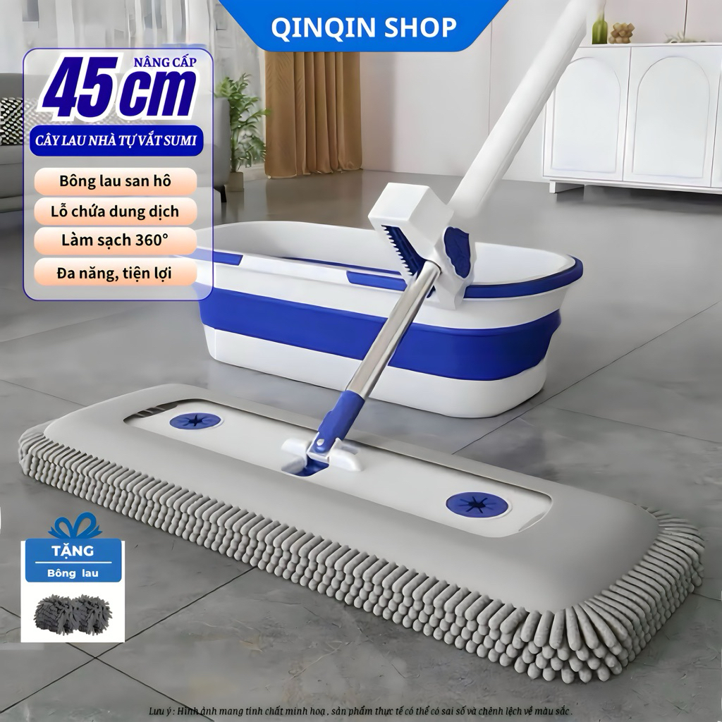 Bộ Cây Lau Nhà San Hô Tự Vắt SUMI 45cm, Cây Lau Nhà Đa Năng Xoay 360 Độ Tiện Dụng, Tặng Kèm Bông Lau