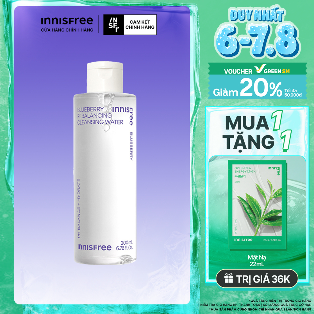 Nước tẩy trang cân bằng giữ ẩm da innisfree Blueberry Rebalancing Cleansing Water 200 mL