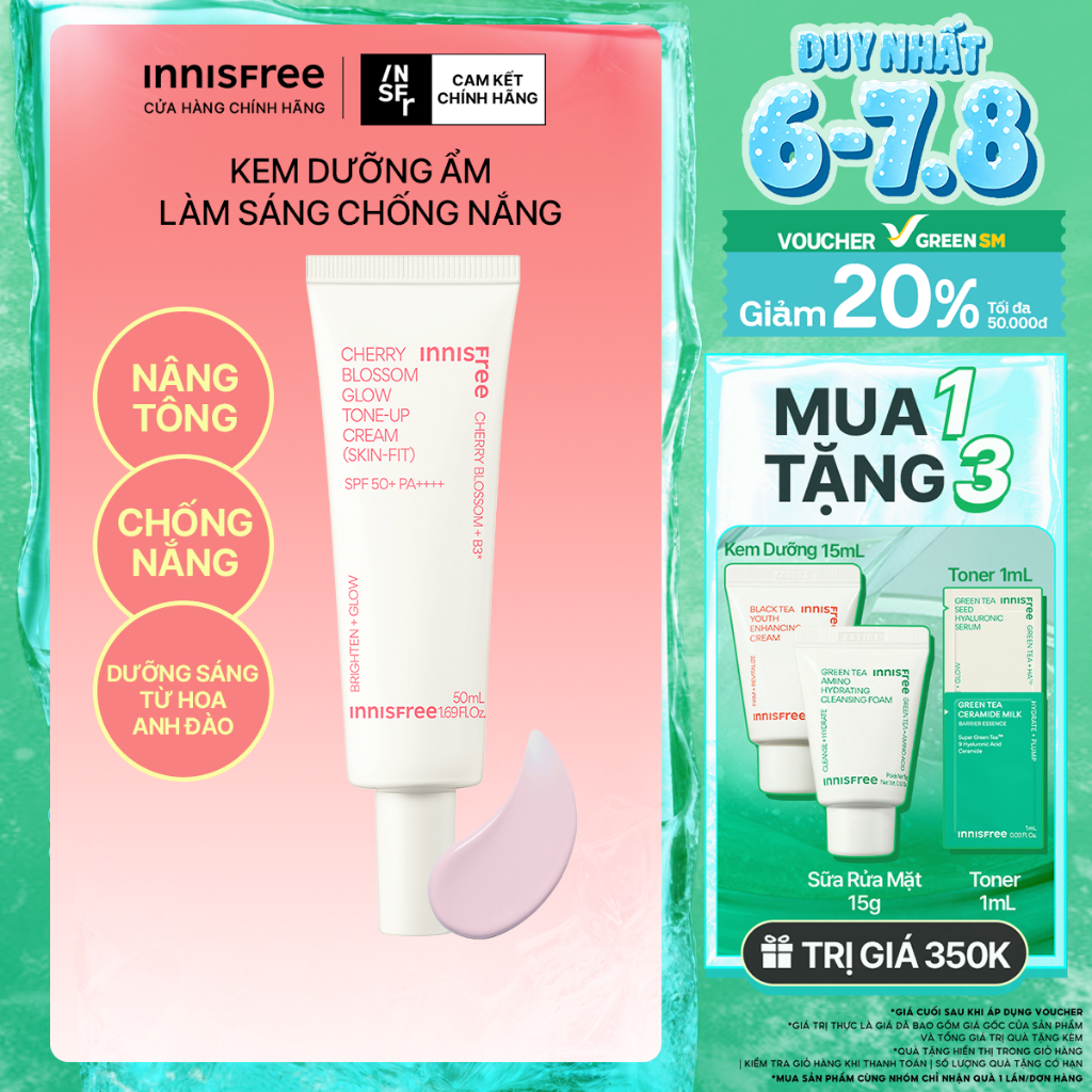 Kem dưỡng ẩm làm sáng chống nắng cho da INNISFREE Jeju Cherry Blossom Skin-Fit Tone-Up Cream SPF 50+PA++++ 50ml