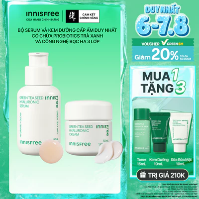 Bộ đôi Serum Trà Xanh INNISFREE cấp ẩm sâu, phục hồi da với Probiotics 80mL và Kem dưỡng ẩm trà xanh 50ml