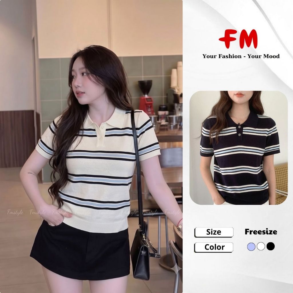 Áo Polo Dệt Kim Nữ Tay Ngắn 3 Nút Kẻ Sọc FMSTYLE - Form Basic Dễ Phối Đồ 26080011